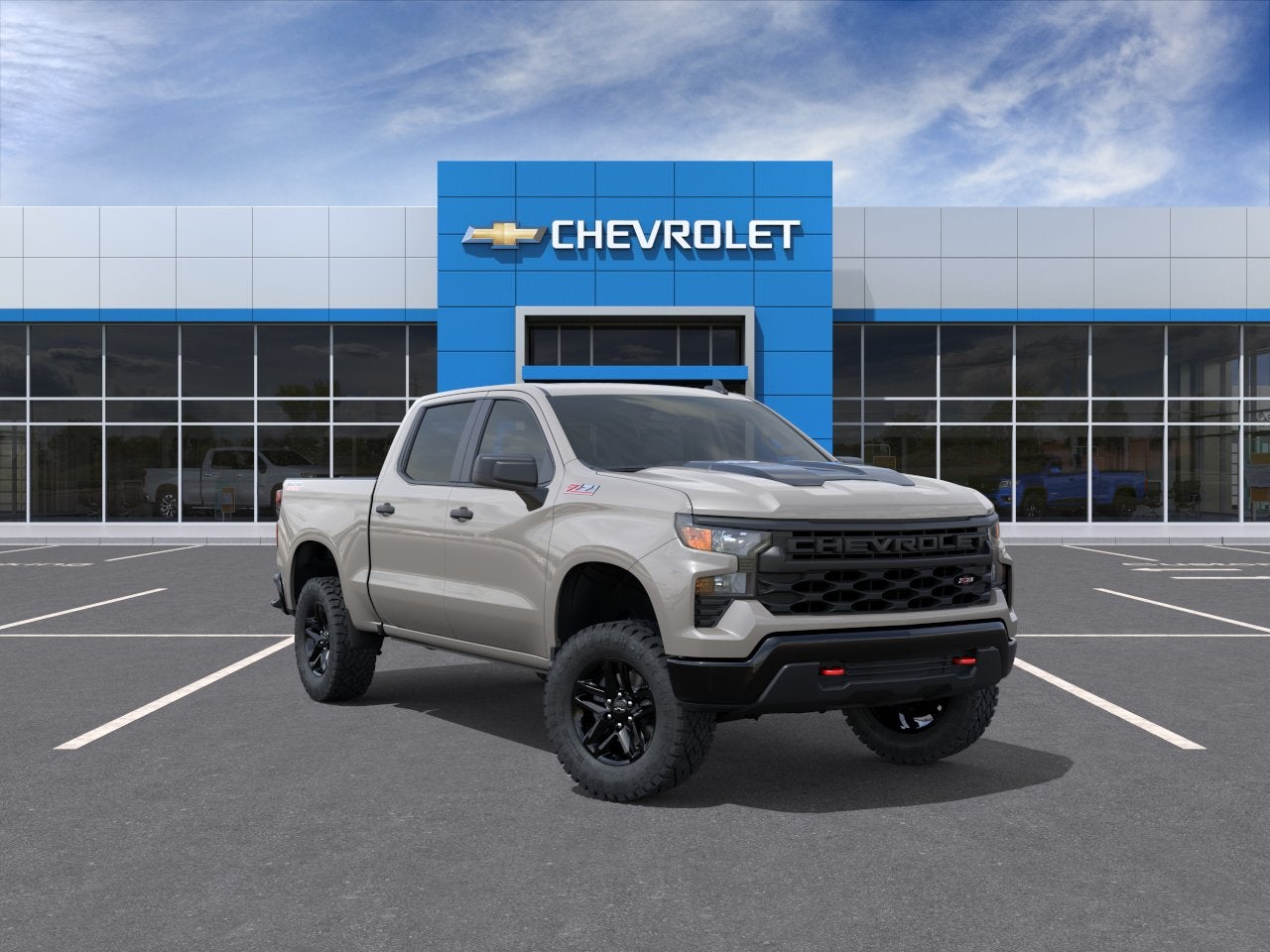 2026 Chevrolet Silverado 1500 Custom Trail Boss in White Sands — front three-quarter view