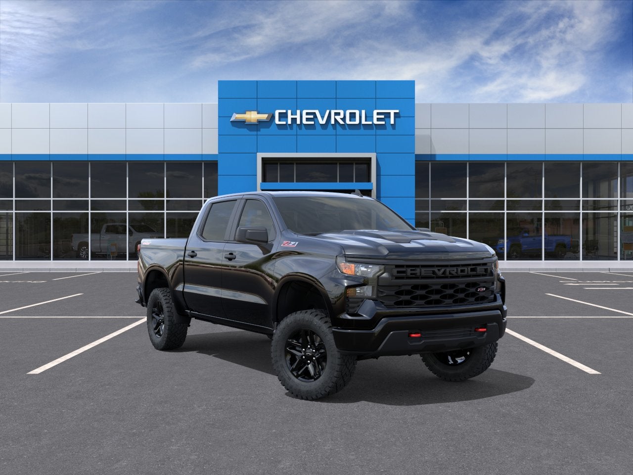 2026 Chevrolet Silverado 1500 Custom Trail Boss in Black — front three-quarter view